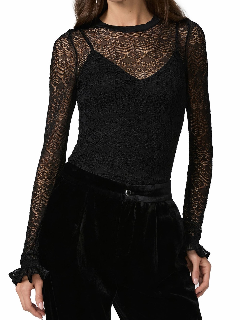 New PAIGE Women's Ciera Top Black Lace Long-Sleeve Layered blouse M